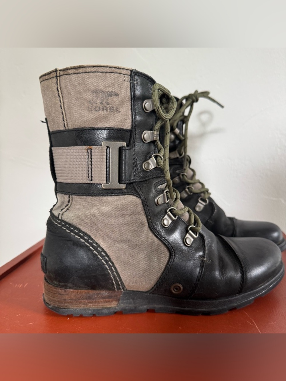 Sorel Major Carly Snow Combat Boots Leather Canvas Mid Calf Lace Up Sand Black - Picture 6 of 12
